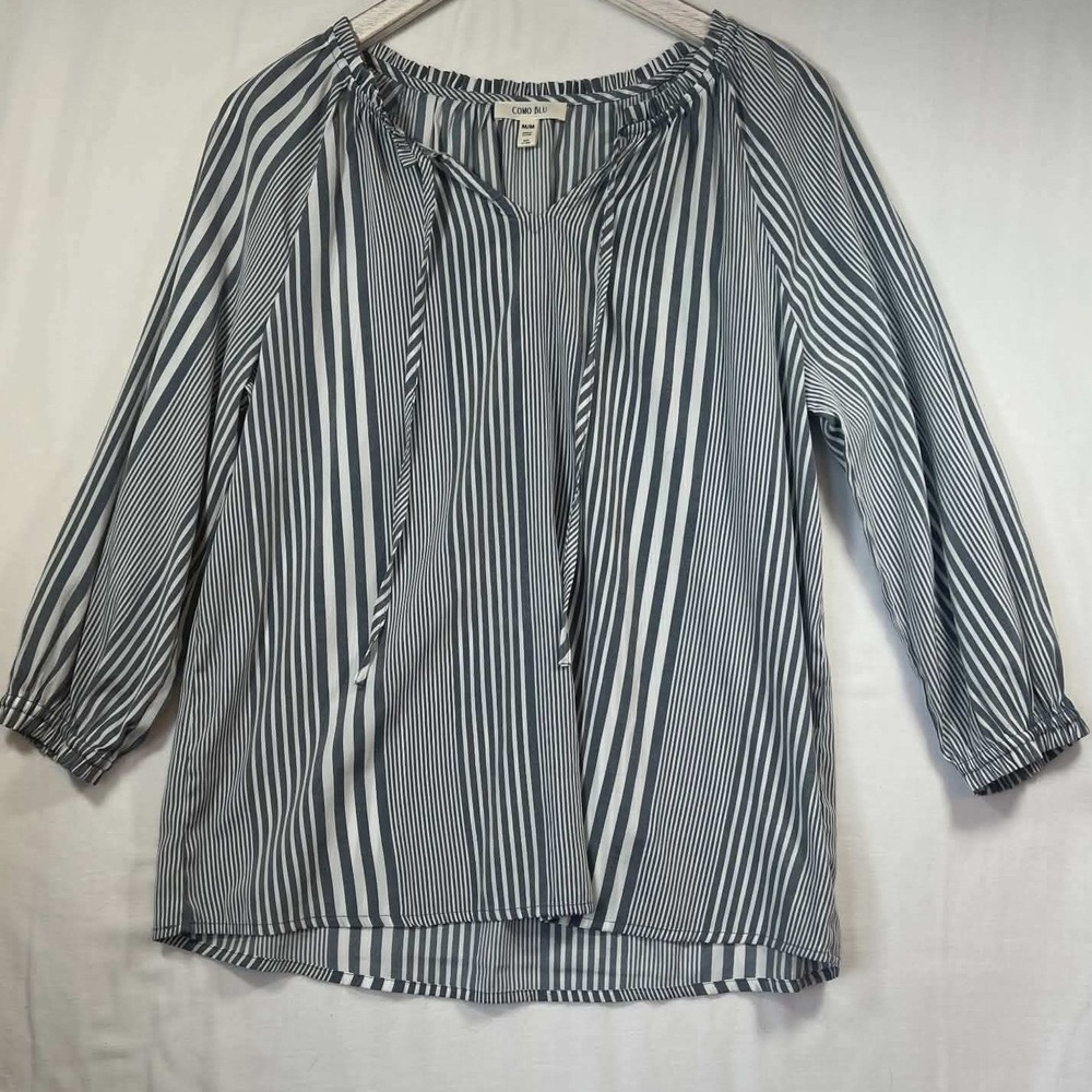 Como Blu Navy White Striped Tie Neck Peasant Blouse‎ Top Womens Medium M